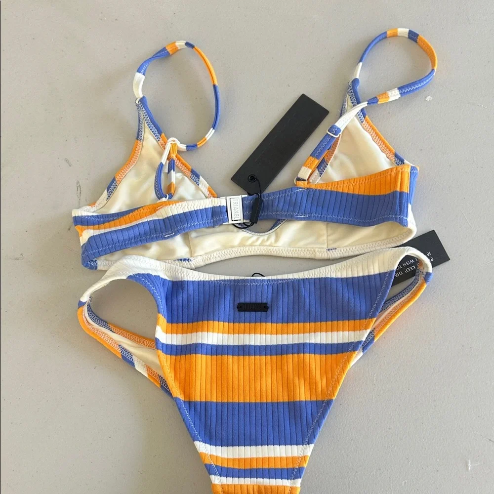 triangl swimwear Blue & Orange Striped Ribbed Bikini Set